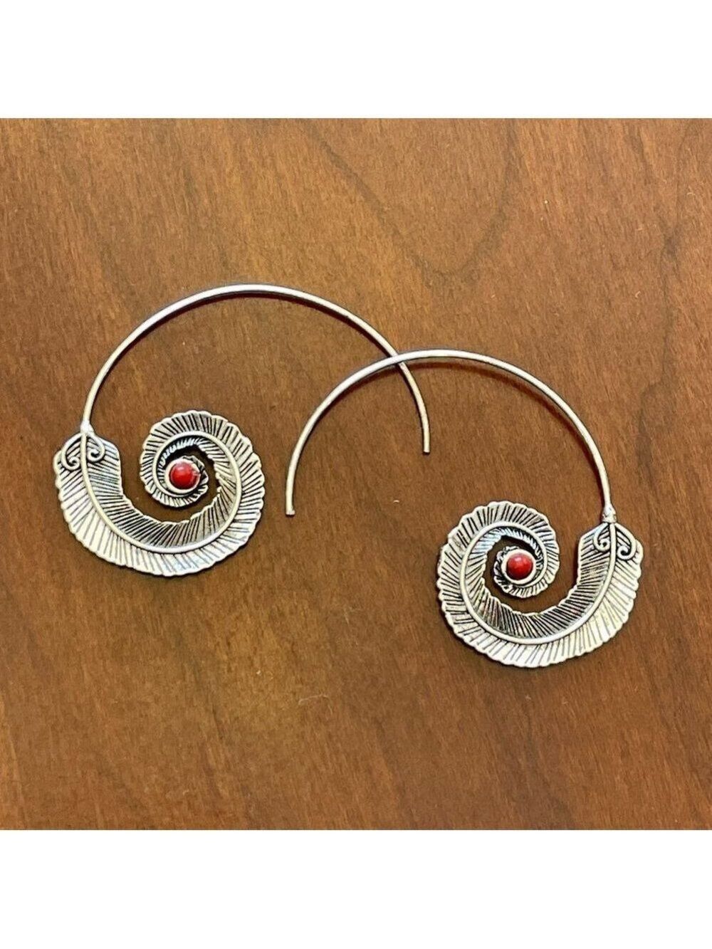 Medium Silver Feather Spiral Earrings in Red or Turquoise Blue #687